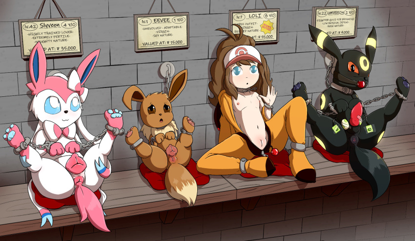 animal_genitalia animal_penis animal_pussy anus ball_gag balls bdsm black_body blue_eyes blush bondage bound breasts brown_body canine_penis canine_pussy chain chained clothed clothing eevee eeveelution egg_vibrator english_text female feral gag generation_1_pokemon generation_6_pokemon genitals group hi_res human male mammal moderately_ashamed nintendo nipples open_mouth penis pokemon pokemon_(species) pussy sex_toy sign spread_legs spreading sylveon text vibrator video_games white_body young