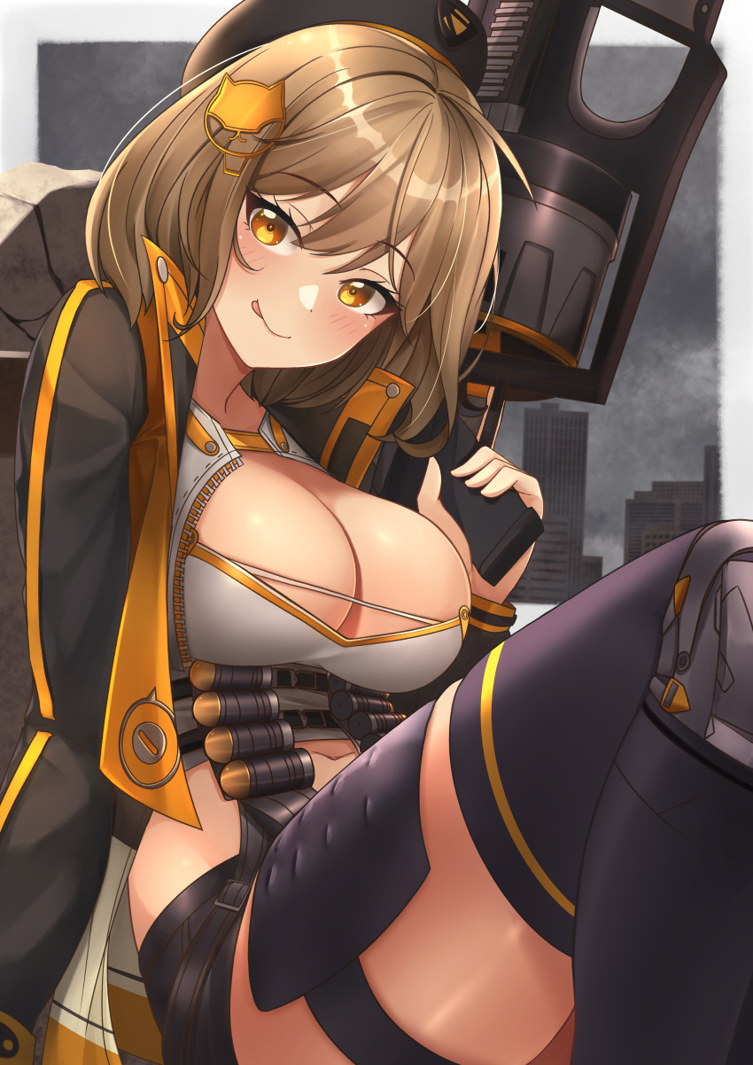 1girl :q absurdres ammunition_belt anis_(nikke) arm_support bangs beret black_headwear black_jacket black_shorts black_thighhighs blush breasts brown_eyes brown_hair cat_hair_ornament cleavage commentary crop_top goddess_of_victory:_nikke grenade_launcher grey_shirt gun hair_between_eyes hair_ornament hat highres holding holding_gun holding_weapon jacket large_breasts long_sleeves looking_at_viewer midriff mr2d navel open_clothes open_jacket shirt short_hair short_shorts shorts sidelocks skindentation smile solo thigh_strap thighhighs tongue tongue_out weapon