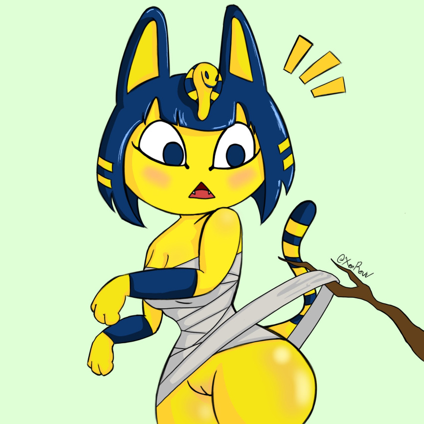 accidental_exposure animal_crossing ankha_(animal_crossing) anthro bandage blue_body blue_eyes blue_fur blue_hair blue_stripes blush branch breasts cleavage clothed clothing domestic_cat egyptian_headdress eyelashes fangs felid feline felis female fur genitals green_background hair hi_res mammal markings nintendo open_mouth pussy simple_background solo striped_markings striped_tail stripes surprise tail_markings thick_thighs video_games wardrobe_malfunction wide_hips xenrevv yellow_body yellow_fur