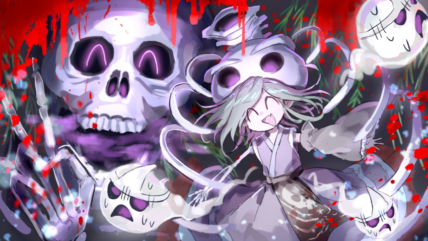 1other ^_^ androgynous bone closed_eyes commentary_request detached_sleeves ghost green_hair grey_sleeves happy hemo_(hemoroda) japanese_clothes kimono kitsugai_sese len'en open_mouth purple_kimono short_hair single_detached_sleeve skeletal_arm skeleton skull_on_head skull_print sleeveless sleeveless_kimono smile