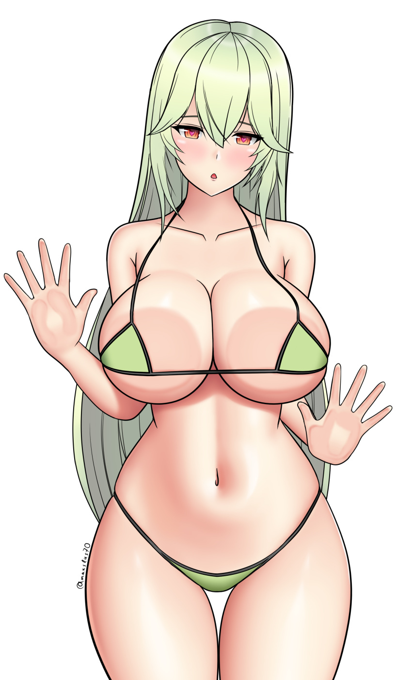 1girl absurdres against_fourth_wall against_glass bikini breast_press breasts breasts_on_glass cleavage collarbone cowboy_shot curvy erato_(last_origin) green_hair hair_between_eyes hands_up heart heart-shaped_pupils highres huge_breasts last_origin long_hair looking_at_viewer makslus70 micro_bikini navel open_mouth orange_eyes simple_background solo straight-on swimsuit symbol-shaped_pupils thick_thighs thigh_gap thighs wide_hips