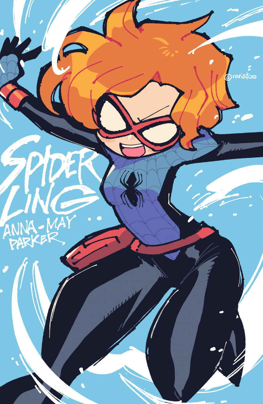 1girl :d absurdres animification anna-may_parker blue_background blue_bodysuit bodysuit breasts character_name commentary highres looking_at_viewer marvel mask medium_breasts orange_hair rariatto_(ganguri) red_mask smile solo spider-man_(series) spider_web_print spiderling_(marvel) superhero symbol-only_commentary