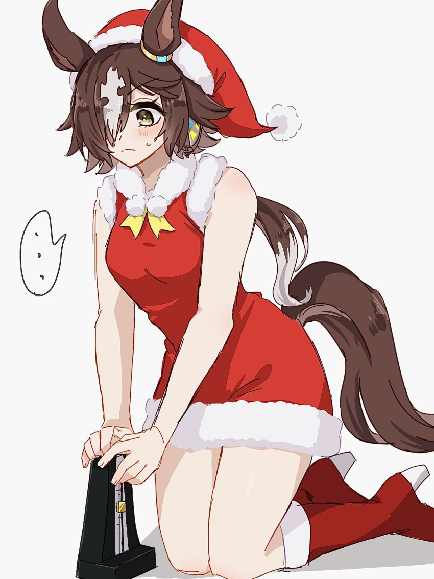 ... 1girl animal_ears bangs bare_shoulders boots brown_eyes brown_hair christmas closed_mouth dress full_body hair_over_one_eye hashi_227 hat high_heel_boots high_heels highres horse_ears horse_girl horse_tail metronome ponytail red_dress red_footwear santa_hat seiza simple_background sitting sketch sleeveless sleeveless_dress solo tail umamusume vodka_(umamusume) white_background