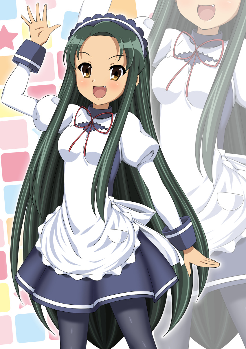 1girl :d absurdres apron arm_up bangs black_pantyhose brown_eyes commentary_request fang forehead green_hair gurobeya highres long_hair long_sleeves looking_at_viewer maid official_alternate_costume open_mouth pantyhose puffy_long_sleeves puffy_sleeves red_ribbon ribbon smile solo suzumiya_haruhi_no_yuuutsu tsuruya very_long_hair waitress waving white_apron zoom_layer