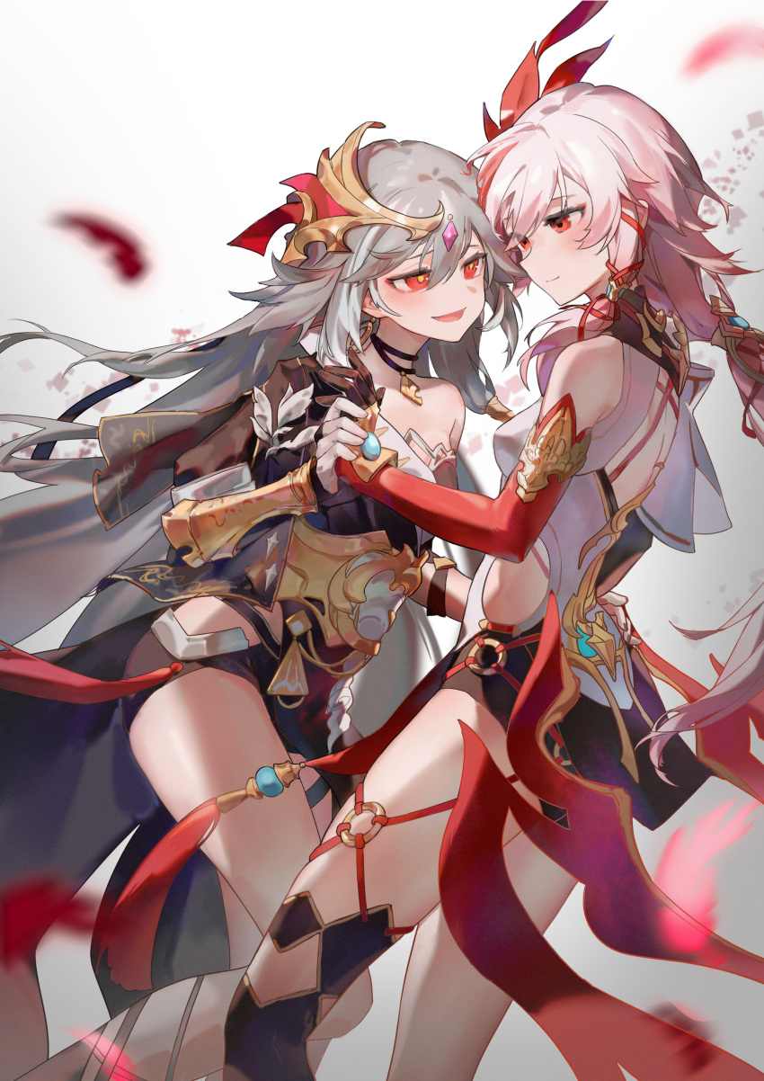 2girls :d absurdres bangs bare_shoulders black_choker black_hair breasts brown_gloves china_dress chinese_clothes choker closed_mouth dress dual_persona elbow_gloves feathers fu_hua fu_hua_(herrscher_of_sentience) fu_hua_(phoenix) gloves hair_ornament highres holding_hands honkai_(series) honkai_impact_3rd long_hair looking_at_another multiple_girls open_mouth red_eyes red_gloves red_hair simple_background small_breasts smile white_background white_dress white_gloves xiaoxiaoanye