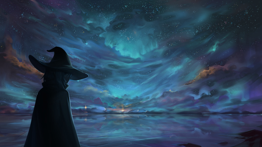 1girl aurora black_cloak black_headwear cloak cloud cloudy_sky dokomon facing_away grey_hair hat highres horizon night night_sky original outdoors sky solo star_(sky) starry_sky witch_hat