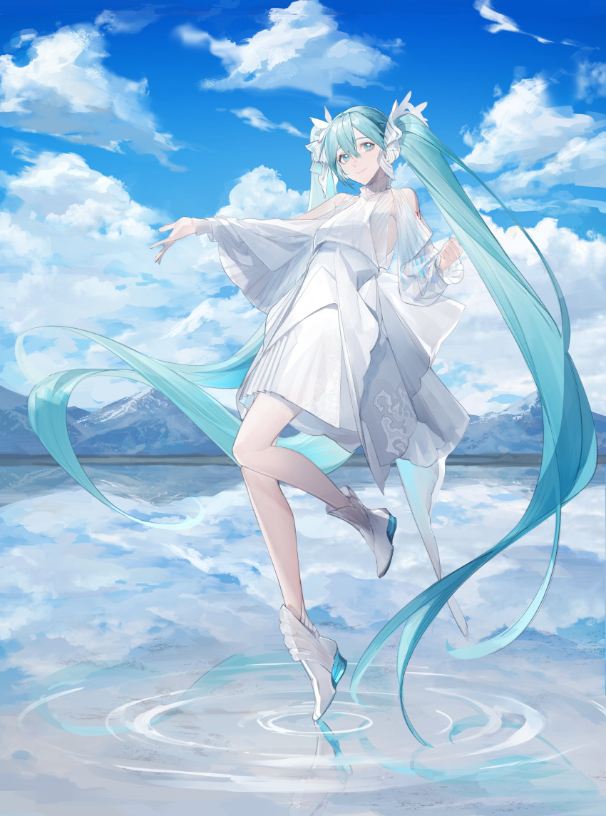 absurdres aqua_eyes aqua_hair back_bow bare_shoulders blue_sky boots bow breasts cloud cloudy_sky dress full_body hair_between_eyes highres long_hair looking_at_viewer medium_breasts meru02295238 outdoors outstretched_arm reflection reflective_water see-through see-through_sleeves sky smile standing standing_on_liquid twintails very_long_hair vocaloid white_dress white_footwear