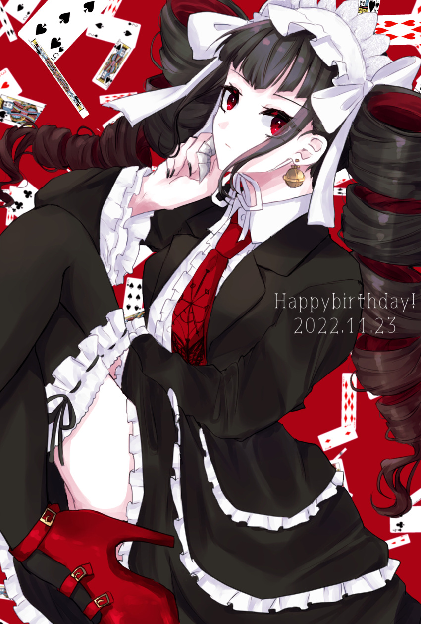 1girl bangs black_hair black_nails bonnet card celestia_ludenberg claw_ring danganronpa:_trigger_happy_havoc danganronpa_(series) dated drill_hair earrings frills gothic_lolita happy_birthday high_heels highres jacket jewelry lolita_fashion long_hair long_sleeves looking_at_viewer nail_polish necktie playing_card red_background red_eyes red_footwear red_necktie shiny shiny_hair smile solo thighhighs twin_drills twintails yukiusagi_(yukiusa)
