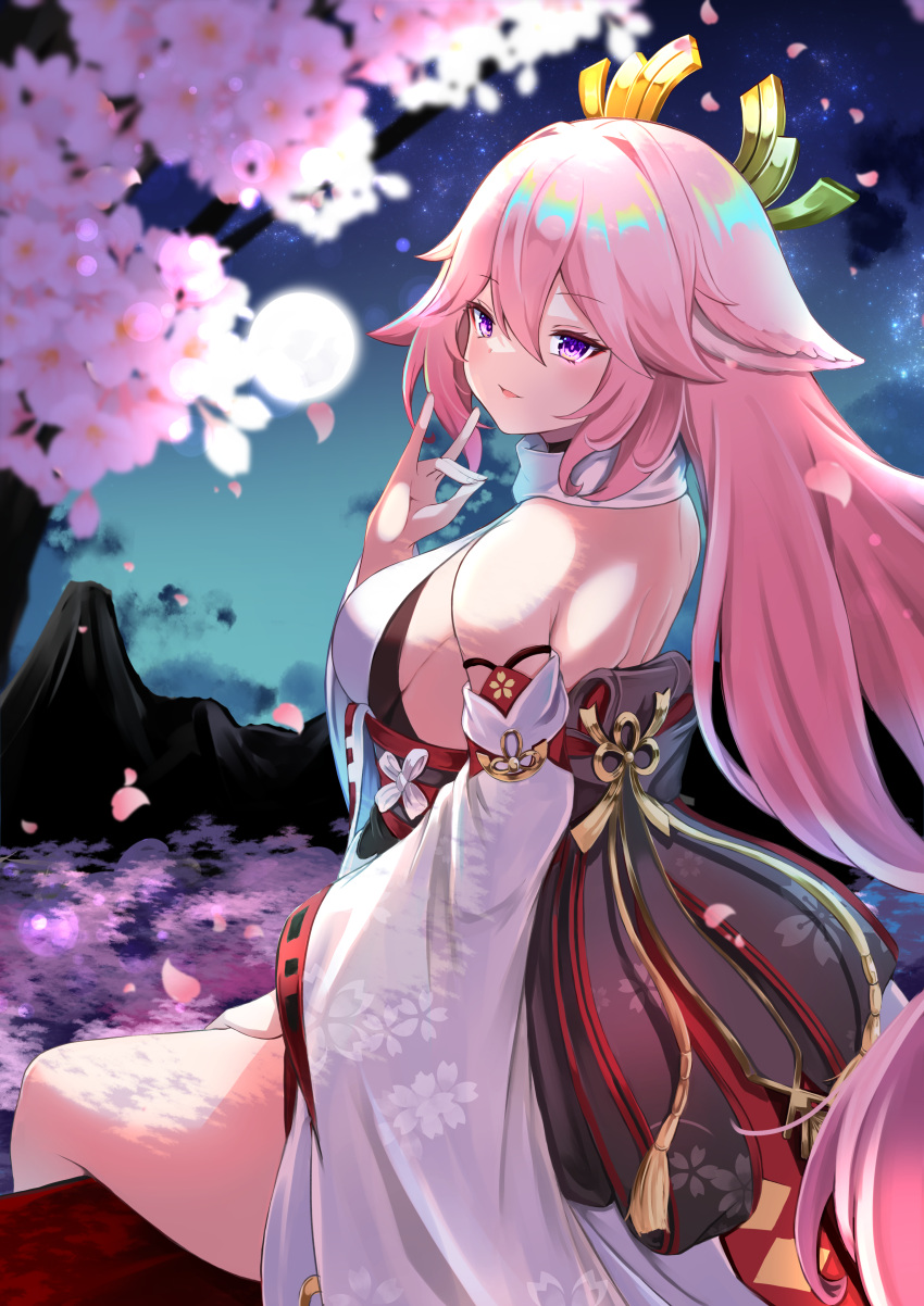 1girl absurdres animal_ears bangs bare_shoulders blue_sky breasts cloud commentary_request detached_sleeves flower fox_shadow_puppet from_behind genshin_impact hair_between_eyes hand_up highres long_hair long_sleeves looking_at_viewer looking_back medium_breasts mountain outdoors parted_lips petals pink_flower pink_hair purple_eyes shibakame shirt sideboob sky sleeveless sleeveless_shirt smile solo sunrise very_long_hair white_shirt white_sleeves wide_sleeves yae_miko