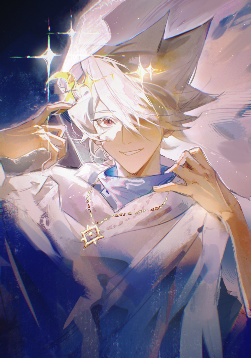 1boy absurdres alef_(sky:_children_of_the_light) earrings grey_hair highres jewelry male_focus moon_(ornament) red_eyes short_hair sky:_children_of_the_light smile tassel tassel_earrings white_hair yuyuyuyu_wen