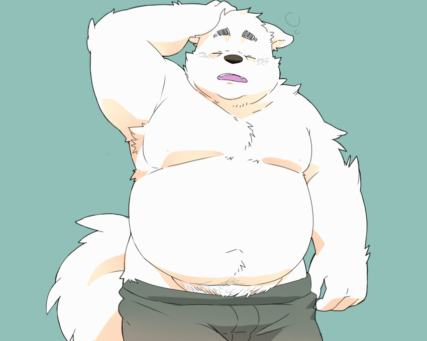 2022 anthro belly big_belly bottomwear canid canine canis clothing domestic_dog eyes_closed hi_res humanoid_hands inunoshippo kemono male mammal moobs overweight overweight_male shorts simple_background solo tired