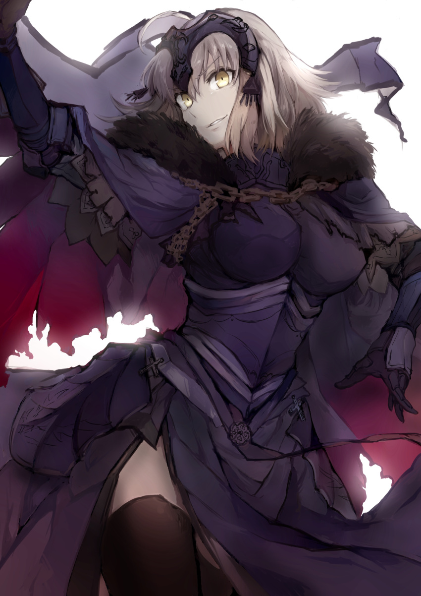 1girl absurdres arm_up armor armored_dress bangs black_gloves black_thighhighs breasts cape chain cowboy_shot cross dress fate/grand_order fate_(series) flag fur-trimmed_cape fur_trim gloves grey_hair hair_between_eyes headpiece highres jeanne_d'arc_alter_(avenger)_(fate) jeanne_d'arc_alter_(fate) jinkoshi_itori large_breasts long_sleeves looking_at_viewer parted_lips purple_cape purple_dress short_hair side_slit simple_background smirk solo thighhighs torn_cape torn_clothes white_background yellow_eyes