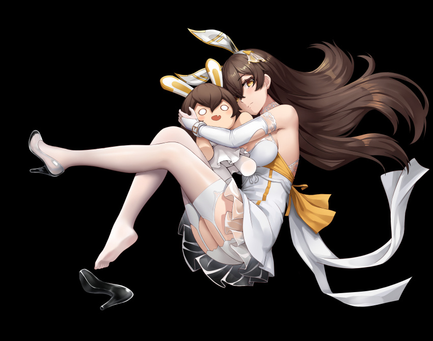 1girl absurdres amber_(genshin_impact) animal_ears bangs black_background blush breasts brown_eyes brown_hair closed_mouth dress elbow_gloves fake_animal_ears feet_up from_side full_body garter_straps genshin_impact gloves high_heels highres hug hug_from_behind legs long_hair looking_at_viewer medium_breasts partially_fingerless_gloves rabbit_ears sideboob solo t_zhonglang thighhighs white_dress white_gloves white_thighhighs