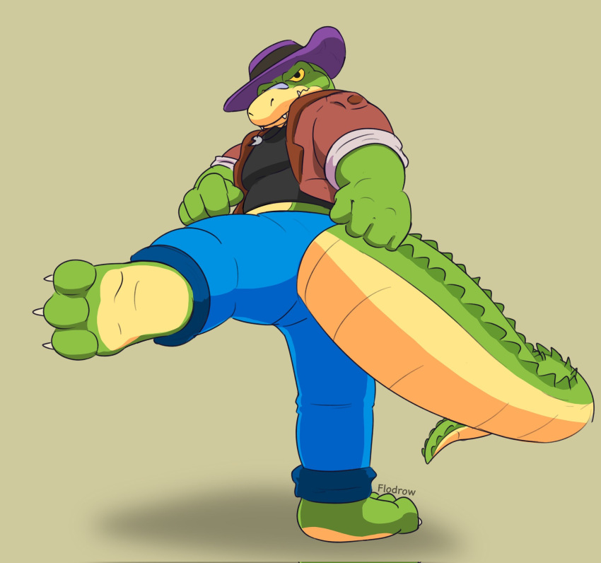 2022 3_toes 4_fingers alligator alligatorid anthro biped bottomwear brok_(character) brok_the_investigator clothing crocodilian feet fingers flodrovv green_body hat headgear headwear hi_res pants reptile scalie shirt simple_background solo toes topwear video_games