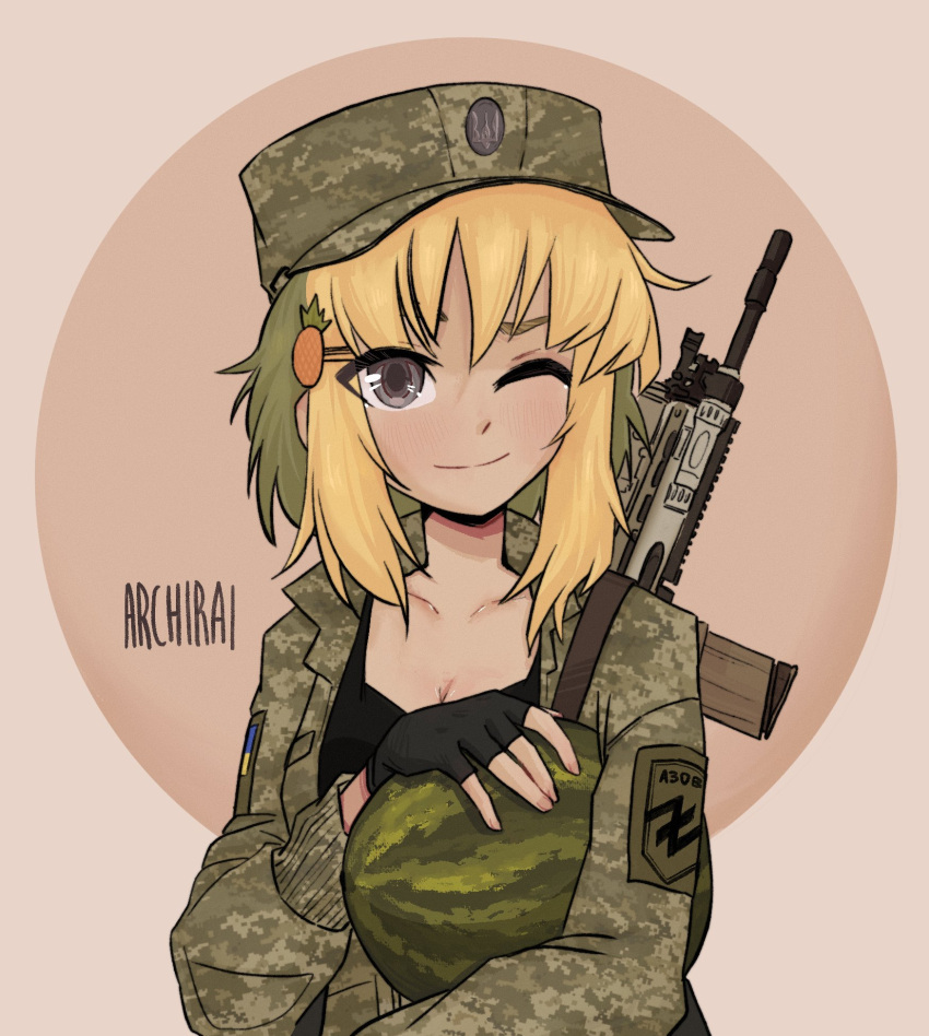 1girl archirai artist_name assault_rifle azov_battalion black_shirt blonde_hair camouflage camouflage_jacket earrings fn_scar food food-themed_earrings fruit gun hat highres holding holding_food jacket jewelry marichka military military_hat military_uniform one_eye_closed original pineapple_earrings rifle shirt smile solo ukrainian_flag uniform watermelon weapon