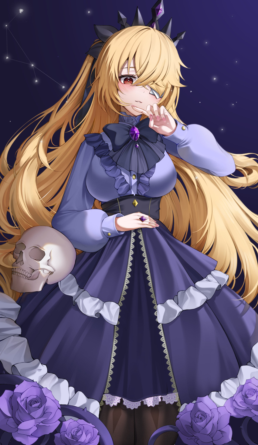 1girl absurdres alternate_costume ascot black_ascot black_bow black_bowtie black_pantyhose black_ribbon blonde_hair blush bow bowtie breasts brooch buttons constellation cowboy_shot dress eyepatch fischl_(ein_immernachtstraum)_(genshin_impact) fischl_(genshin_impact) floating_hair flower frilled_dress frills gem genshin_impact gothic_lolita gradient gradient_background hair_ornament hair_over_one_eye hair_ribbon hand_on_own_face hand_on_own_stomach highres index_finger_raised jewelry large_breasts layered_dress lolita_fashion long_hair long_sleeves looking_at_viewer pantyhose parted_lips puffy_long_sleeves puffy_sleeves purple_background purple_dress purple_flower purple_gemstone purple_ribbon purple_rose rapi_(zx4748) red_hair ribbon ring rose skull smile solo starry_background taut_clothes taut_dress thighs tiara two_side_up underbust