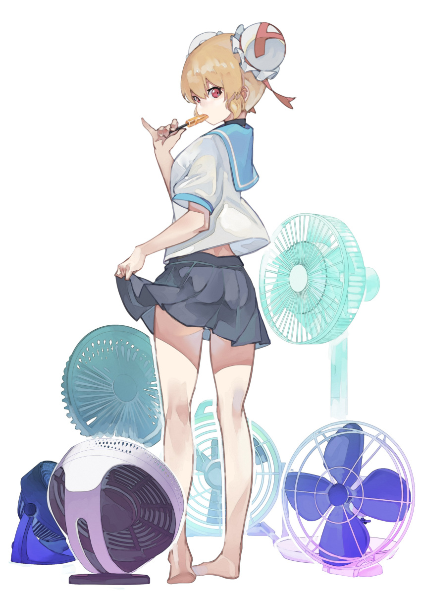 1girl absurdres acfun acfun_girl ass bare_arms bare_legs barefoot black_choker blonde_hair blue_sailor_collar bun_cover choker double_bun eating electric_fan food food_in_mouth fps_xilou from_behind full_body grey_skirt hair_bun highres holding holding_food looking_at_viewer looking_back miniskirt pinky_out pleated_skirt popsicle red_eyes sailor_collar school_uniform serafuku short_hair short_sleeves skirt skirt_hold solo standing white_background white_serafuku