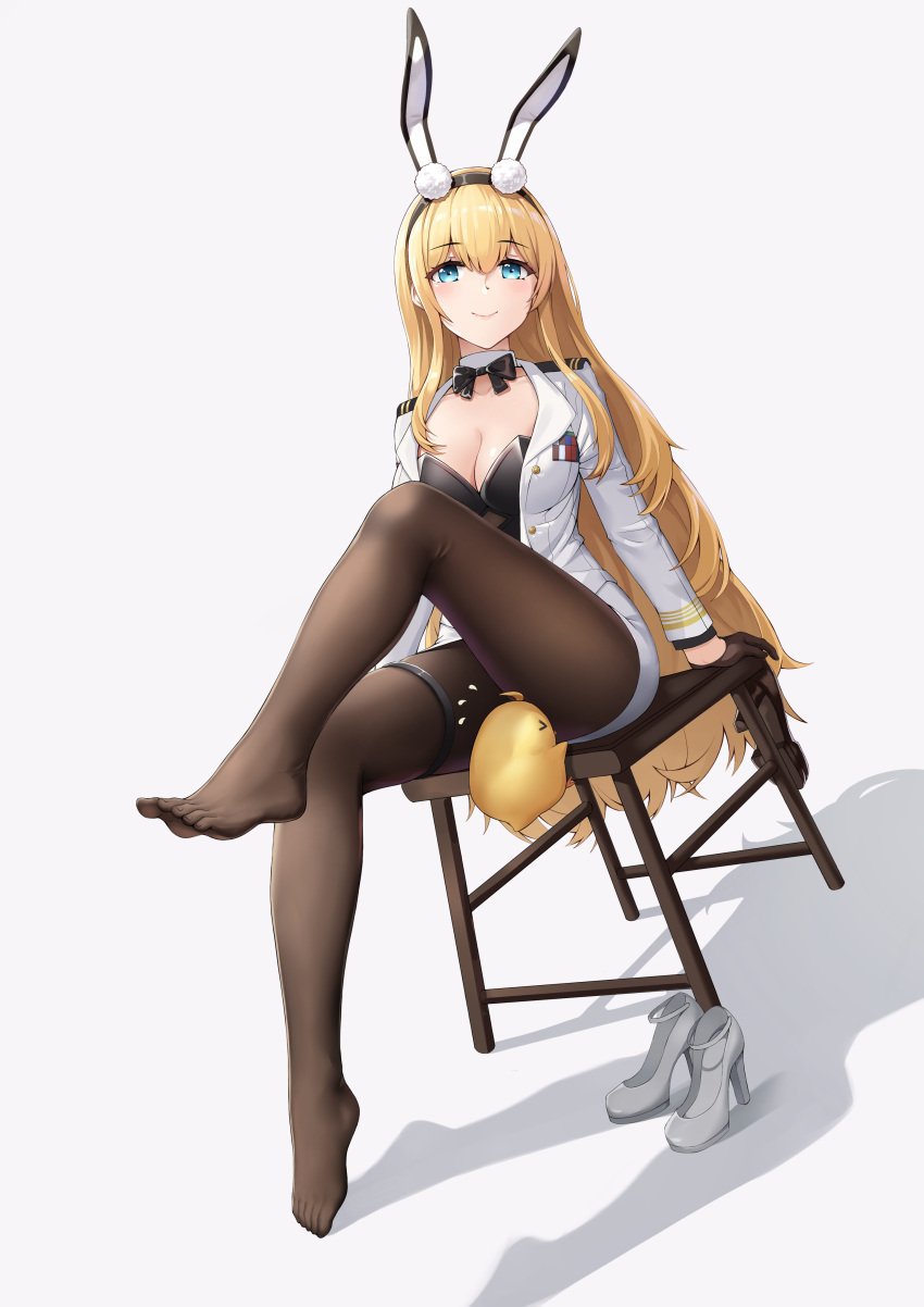 1girl absurdres animal_ears arm_support arms_behind_back azur_lane bangs black_bow black_bowtie black_gloves black_leotard black_pantyhose blonde_hair blue_eyes bow bowtie breasts chair cleavage closed_mouth fake_animal_ears feet foot_up full_body gloves high_heels highres jacket legs leotard lips long_hair long_sleeves looking_at_viewer manjuu_(azur_lane) medium_breasts north_carolina_(azur_lane) open_clothes open_jacket pantyhose rabbit_ears shadow shoe_removed sitting smile solo t_zhonglang thigh_strap thighs uniform white_background white_footwear white_jacket white_uniform