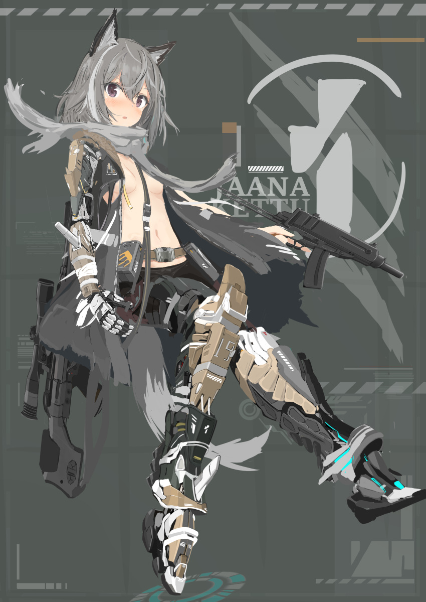 1girl absurdres animal_ears bandages blush character_name coat floating fox_ears grey_hair gun hair_strand highres holding holding_gun holding_weapon jaana_kettu mechanical_arms mechanical_legs midriff no_bra open_clothes open_coat original parted_lips scarf short_hair simple_background single_mechanical_arm solo tail turkeysand_(fernandear_504) weapon weapon_request