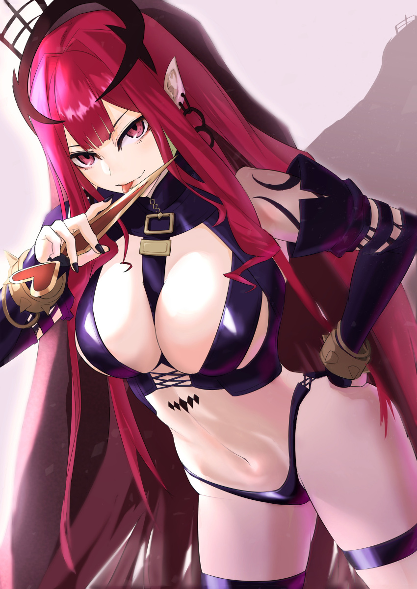 1girl absurdres bangs bare_shoulders black_panties bracelet breasts bridal_gauntlets dagger detached_sleeves earrings fairy_knight_tristan_(fate) fairy_knight_tristan_(second_ascension)_(fate) fate/grand_order fate_(series) highres jewelry knife kugiseiichi large_breasts long_hair looking_at_viewer navel panties pink_hair pointy_ears purple_eyes revealing_clothes sidelocks smile solo spiked_bracelet spikes thigh_strap thighs tiara tongue tongue_out underwear veil weapon