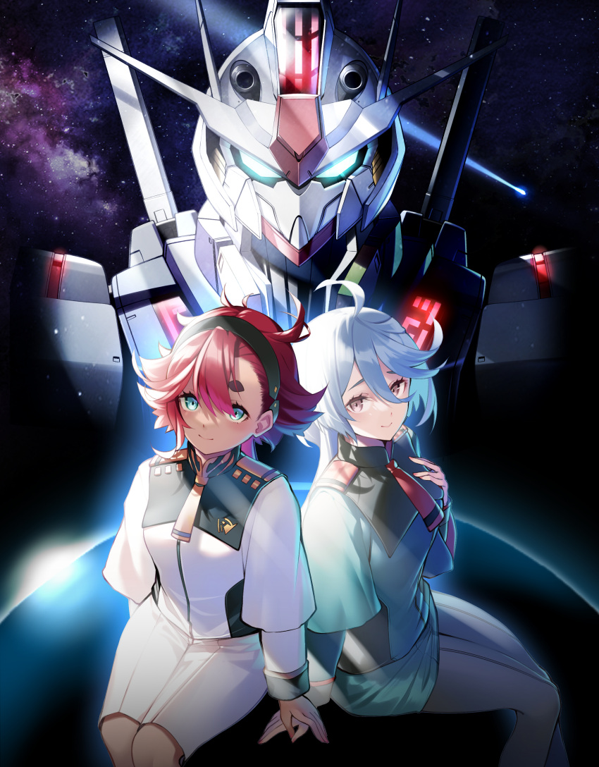 2girls absurdres ahoge asticassia_school_uniform bangs black_hairband blue_eyes breasts commentary glowing glowing_eyes grey_eyes gundam gundam_aerial gundam_suisei_no_majo hairband hand_on_own_chest highres long_hair looking_at_viewer mecha miorine_rembran mobile_suit multiple_girls nekomu red_hair robot school_uniform shorts sitting sky small_breasts smile space star_(sky) starry_sky suletta_mercury upper_body v-fin white_hair