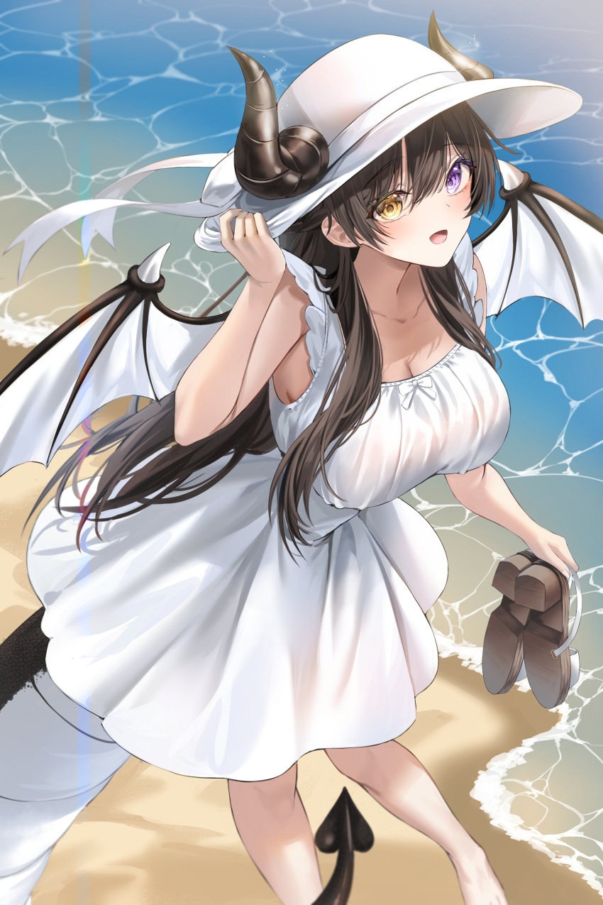 1girl absurdres bare_shoulders barefoot beach black_hair blue_eyes breasts cleavage dragon_girl dragon_horns dragon_tail dragon_wings dress frilled_dress frills hat hat_ribbon heterochromia highres holding holding_clothes holding_hat holding_shoes horns kuro_(rudyan0128) large_breasts long_hair original ribbon sand sandals shoes solo sun_hat sundress tail water white_dress wings yellow_eyes