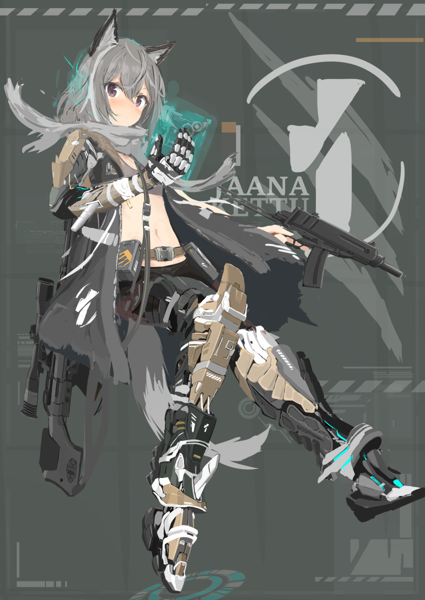 1girl absurdres animal_ears bandages blush character_name coat floating fox_ears grey_hair gun hair_strand highres holding holding_gun holding_weapon jaana_kettu mechanical_arms mechanical_legs midriff open_clothes open_coat original scarf short_hair simple_background single_mechanical_arm solo tail turkeysand_(fernandear_504) user_interface weapon weapon_request