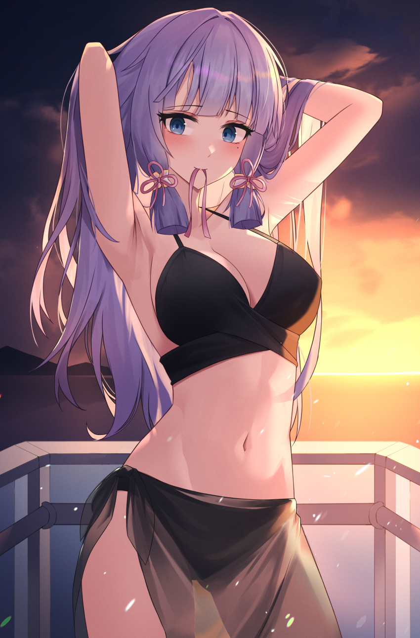 1girl absurdres armpits arms_behind_head arms_up ass_visible_through_thighs bangs bare_arms bare_shoulders bikini bikini_skirt black_bikini blue_eyes blunt_bangs blunt_tresses blush breasts cleavage cloud contrapposto cowboy_shot evening flower_knot genshin_impact grey_hair hair_ribbon halterneck hand_in_own_hair hidel highres kamisato_ayaka long_hair mole mole_under_eye mouth_hold navel orange_sky outdoors red_ribbon ribbon ribbon_in_mouth see-through side-tie_skirt sidelocks sky smile stomach sunset swimsuit thighs tress_ribbon