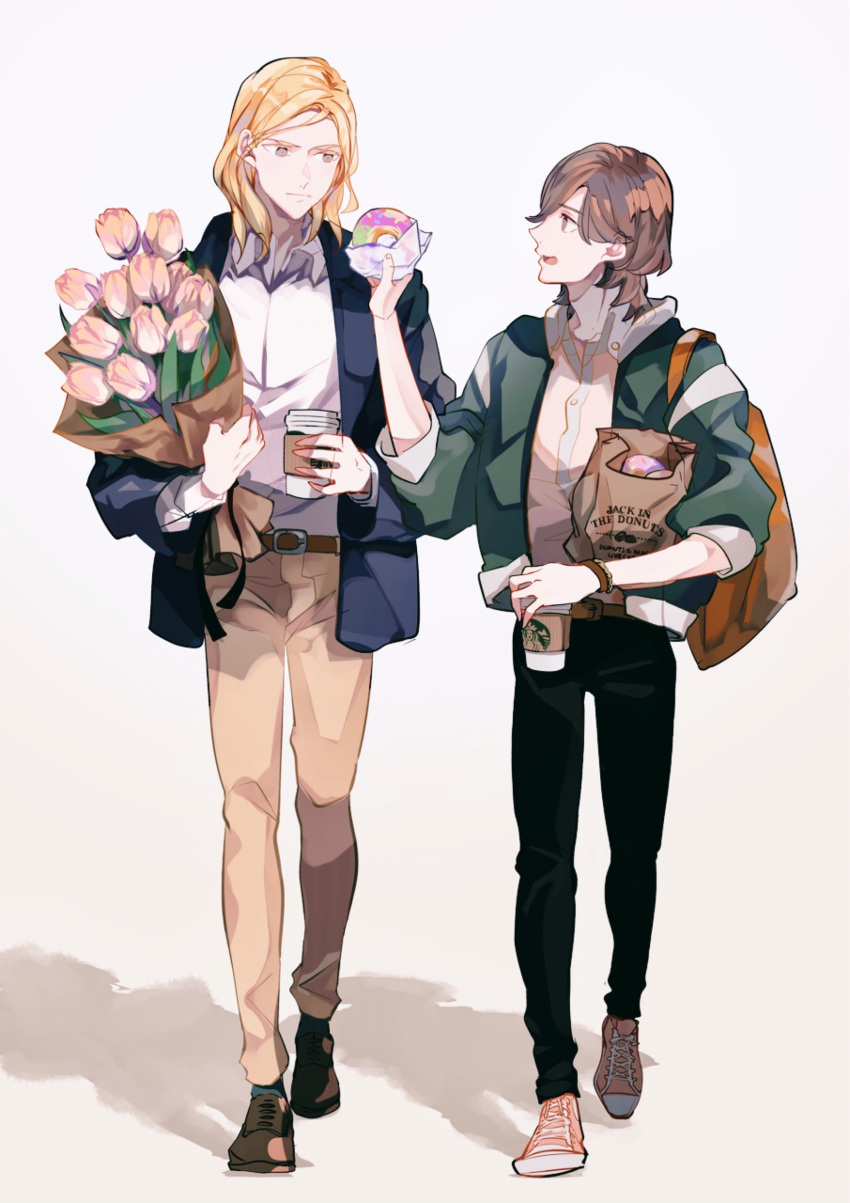 2boys :| absurdres alternate_costume bag bangs belt black_pants blonde_hair blue_jacket bouquet bracelet brown_belt brown_footwear brown_hair brown_pants camus_(uta_no_prince-sama) closed_mouth collared_shirt cup disposable_cup doughnut eye_contact flower food full_body green_jacket grey_eyes hair_between_eyes highres holding holding_bouquet holding_cup holding_food jacket jewelry kotobuki_reiji long_sleeves looking_at_another looking_to_the_side medium_hair mofmofqueue multiple_boys open_clothes open_collar open_jacket open_mouth pants paper_bag parted_bangs pink_flower pink_footwear pink_shirt pink_tulip profile shadow shirt shoes short_hair shoulder_bag simple_background sleeves_past_elbows sneakers starbucks tulip uta_no_prince-sama walking white_background white_shirt