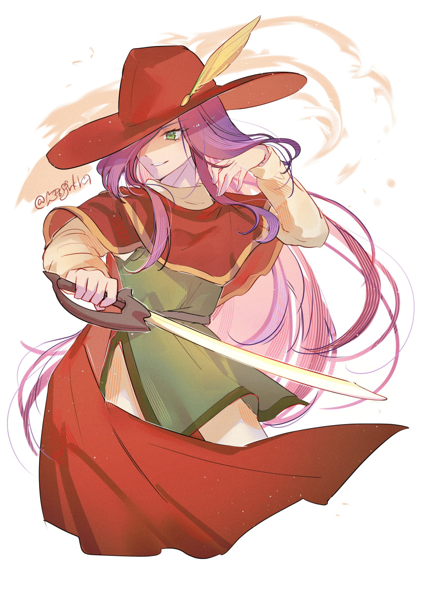 absurdres cape faris_scherwiz final_fantasy final_fantasy_v green_eyes hanaon hat highres holding holding_sword holding_weapon long_hair one_eye_covered purple_hair red_cape red_headwear red_mage sword weapon