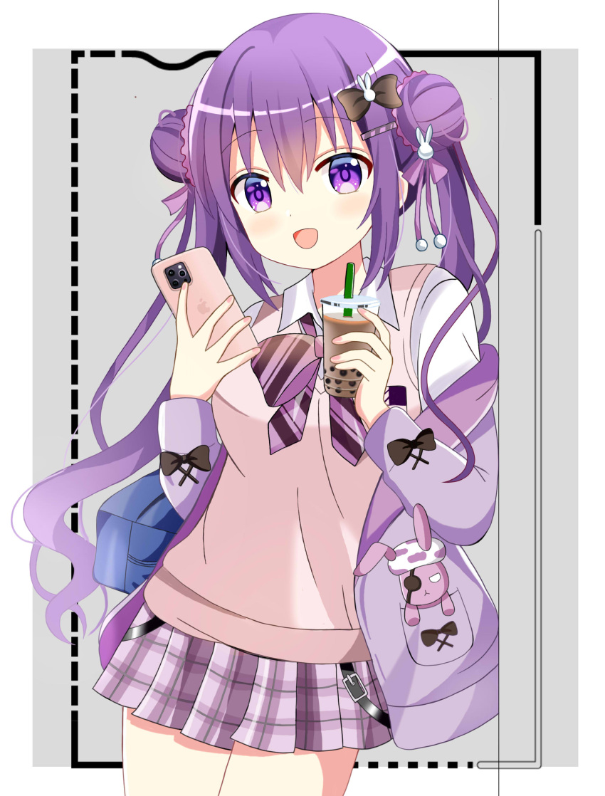 1girl absurdres bag bangs breasts bubble_tea cellphone collared_shirt commentary_request cup diagonal-striped_bow disposable_cup dotted_line double_bun drinking_straw gochuumon_wa_usagi_desu_ka? grey_background hair_between_eyes hair_bun hands_up highres holding holding_cup holding_phone jacket long_hair long_sleeves medium_breasts off_shoulder open_clothes open_jacket phone pink_skirt plaid plaid_skirt pleated_skirt purple_eyes purple_hair purple_jacket ryoutan school_bag school_uniform shirt skirt solo sweater_vest tedeza_rize twintails two-tone_background very_long_hair white_background white_shirt