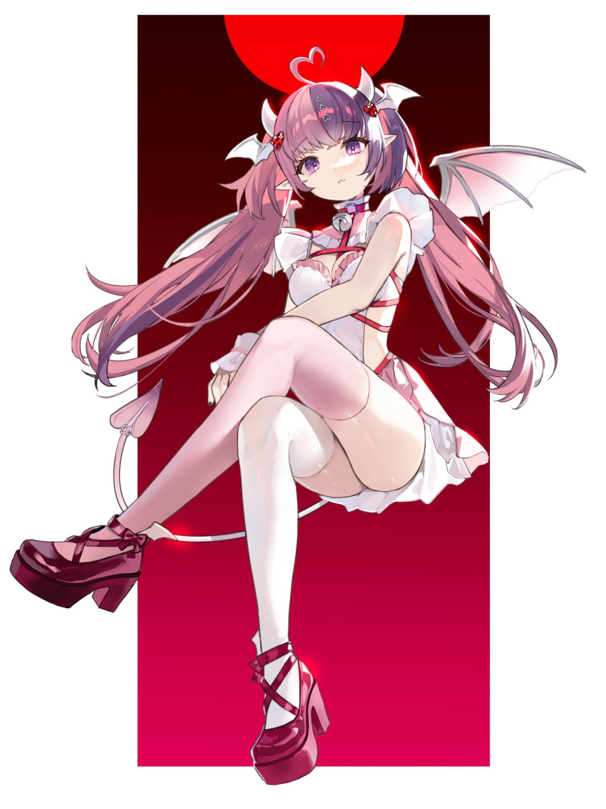 1girl :&lt; ahoge ass asymmetrical_legwear bell breasts cleavage crossed_legs demon_girl demon_horns demon_tail demon_wings dress full_body hair_ornament heart heart_ahoge heart_hair_ornament highres horns invisible_chair ironmouse looking_at_viewer miebao mismatched_legwear multicolored_hair neck_bell pink_hair pink_thighhighs platform_footwear platform_heels pointy_ears purple_eyes purple_hair red_background red_footwear scrunchie sitting solo streaked_hair tail thighhighs twintails virtual_youtuber vshojo white_background white_dress white_horns white_thighhighs wing_hair_ornament wings wrist_scrunchie