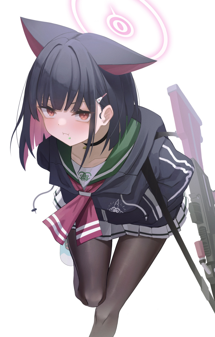 1girl absurdres animal_ears bangs black_choker black_hair black_jacket black_pantyhose blue_archive blunt_bangs blush bow bowtie brown_pantyhose choker closed_mouth collarbone colored_inner_hair commentary eating food food_on_face green_sailor_collar gun hair_ornament hairclip halo hands_in_pockets highres hood hooded_jacket jacket kazusa_(blue_archive) long_sleeves looking_at_viewer machine_gun multicolored_hair pantyhose pink_hair pleated_skirt pout red_bow red_bowtie red_eyes sailor_collar short_hair simple_background skirt solo standing standing_on_one_leg two-tone_hair weapon white_background white_footwear white_skirt yako_mashiro