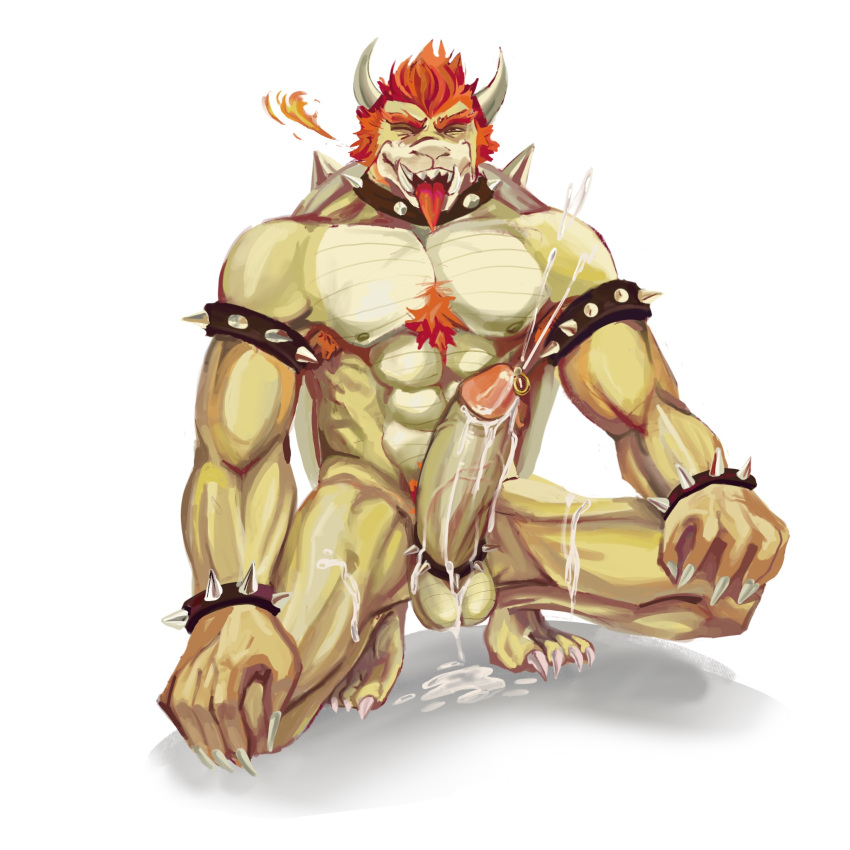 abs anthro balls biceps bodily_fluids bowser bowser's_fury breasts claws clothing collar digital_media_(artwork) dragon erection genitals hair hi_res horn humanoid_genitalia humanoid_penis male male/male mario_bros muscular muscular_anthro muscular_male nintendo nipples nude open_mouth pecs penis puffer_puff simple_background solo spikes video_games