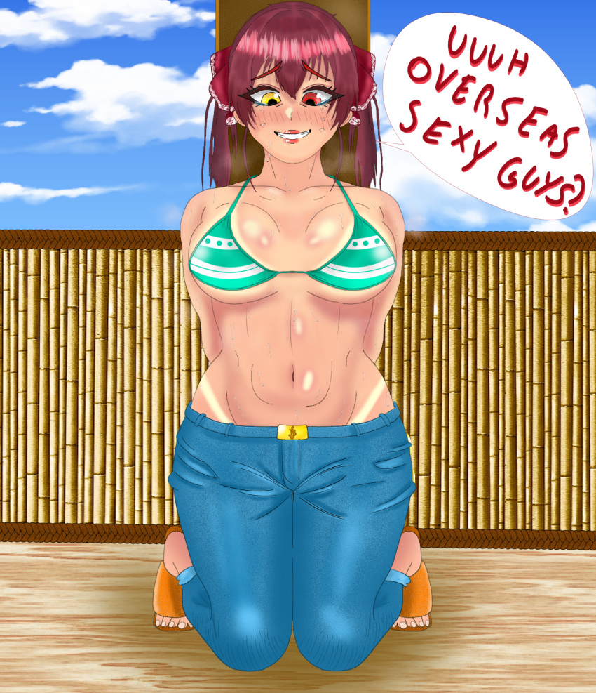 1girl bikini breasts cosplay crying crying_with_eyes_open denim eddarxart heterochromia highres hololive houshou_marine jeans kneeling large_breasts looking_at_viewer nami_(one_piece) nami_(one_piece)_(cosplay) pants red_hair sweat sweating_profusely swimsuit tears tied_to_stake twintails virtual_youtuber