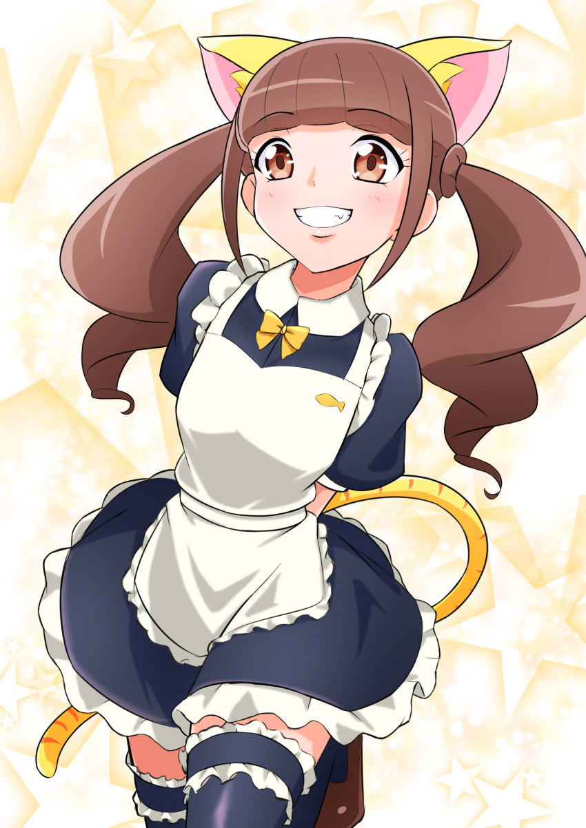 absurdres alternate_costume animal_ears animal_print apron black_dress black_thighhighs breasts brown_eyes brown_hair dress enmaided fake_animal_ears fake_tail frilled_apron frilled_dress frills healin'_good_precure highres hiramitsu_hinata looking_at_viewer maid maid_apron on_kazu open_mouth precure puffy_short_sleeves puffy_sleeves short_sleeves small_breasts smile standing standing_on_one_leg starry_background tail thighhighs tiger_print tiger_tail twintails white_apron yellow_background