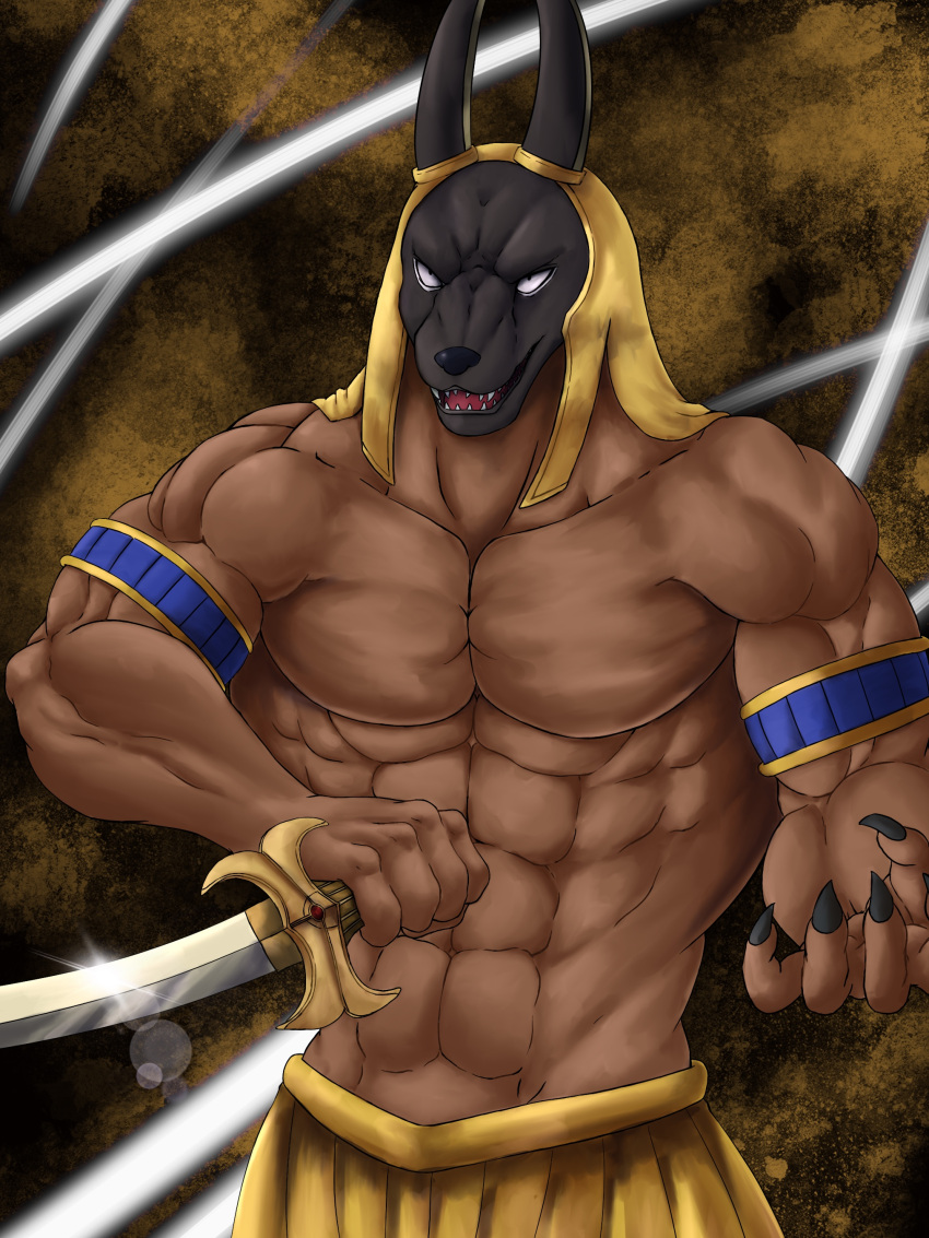 2021 5_fingers abs absurd_res animal_head anthro anubian_jackal anubis armband armor black_nose bottomwear canid canine canis chibikoma claws clothed clothing deity digital_media_(artwork) egyptian_mythology fingers for_a_head handwear hi_res humanoid humanoid_hands jackal jojo's_bizarre_adventure male mammal melee_weapon middle_eastern_mythology muscular muscular_anthro muscular_male mythology pants pecs shirtless solo sword tan_body tan_skin topless topless_male weapon