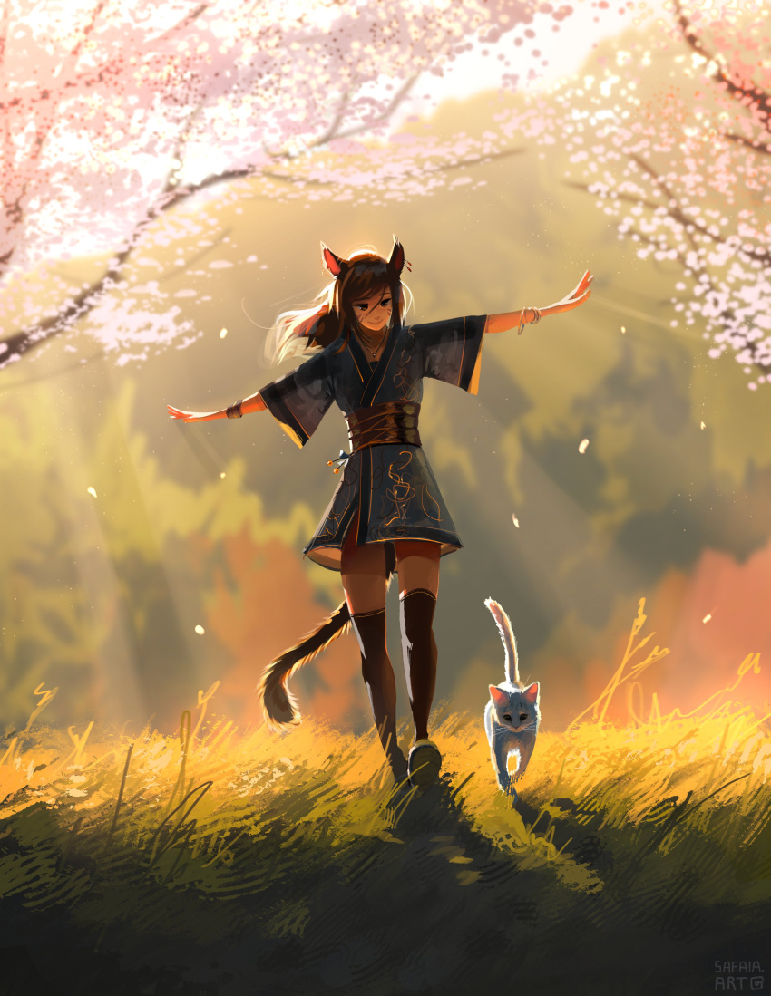 1girl absurdres animal animal_ears backlighting black_thighhighs blurry blurry_background cat cat_ears cat_tail cherry_blossoms depth_of_field facial_mark falling_petals final_fantasy final_fantasy_xiv full_body grass highres light_particles light_rays long_hair miqo'te outdoors outstretched_arms petals safaiaart smile solo spread_arms sunbeam sunlight tail thighhighs tree walking watermark