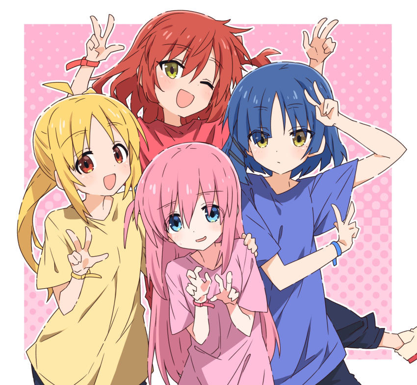 4girls ahoge band blonde_hair blue_eyes blue_hair bocchi_the_rock! casual closed_mouth double_v gotou_hitori hair_ornament hairclip hand_on_another's_shoulder highres ijichi_nijika jumping kita_ikuyo long_hair looking_at_viewer multiple_girls nervous_smile no_socks one_eye_closed open_mouth pink_hair red_eyes red_hair shirt side_ponytail simple_background smile sweatdrop t-shirt take_shinobu v wristband yamada_ryou yellow_eyes
