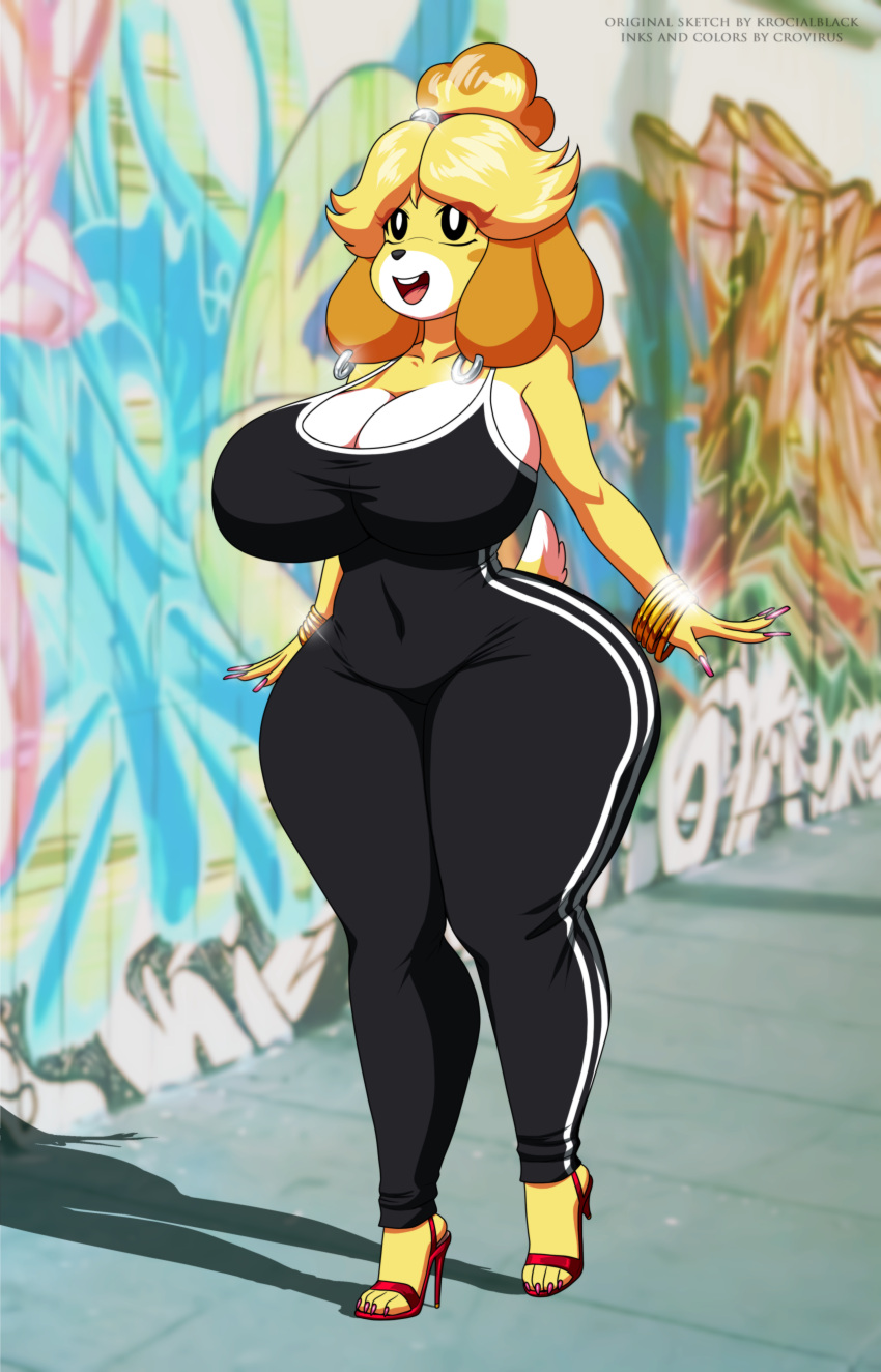 absurd_res animal_crossing anthro big_breasts big_butt blush breasts butt canid canine canis clothed clothing crovirus digital_media_(artwork) domestic_dog female footwear hi_res high_heels huge_breasts isabelle_(animal_crossing) jewelry krocialblack mammal nintendo piercing shih_tzu shoes solo thick_thighs toy_dog video_games wide_hips