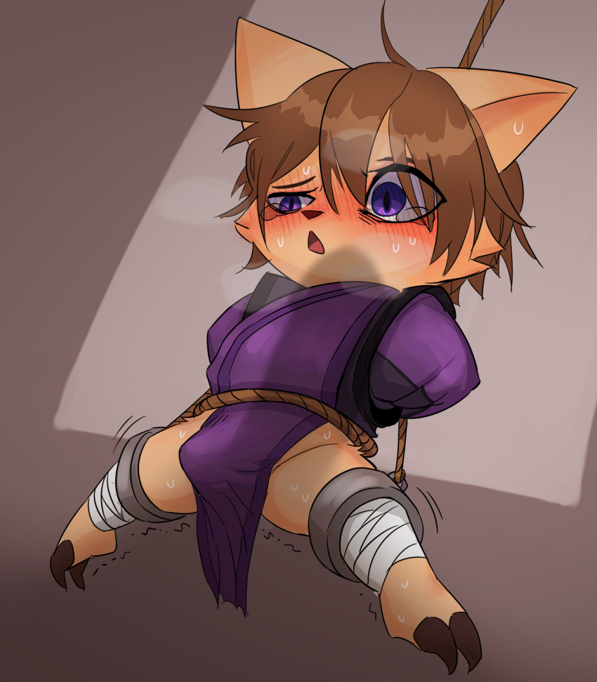 2022 2_toes anthro arms_tied asian_clothing bandage bandaged_leg bdsm blush bodily_fluids bondage bottomless bottomless_anthro bottomless_male bound breath brown_background brown_hair bulge clothed clothing digital_media_(artwork) feet fur hair hi_res kennen_(lol) league_of_legends leg_cuff legs_tied male male_anthro ninja open_mouth partially_clothed purple_clothing purple_eyes pwslz restraints riot_games rope rope_bondage short short_anthro short_male simple_background solo spread_legs spreading suspended_in_midair suspension sweat tan_body tan_fur tears toes topwear video_games warrior yordle
