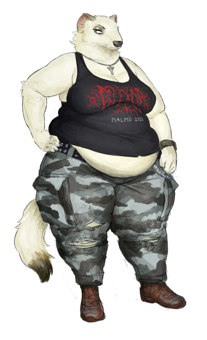 anthro belly belly_overhang belt bottomwear breasts camo cargo_pants cettus clothing female footwear fur hand_on_hip hi_res jewelry mammal maren_sommer mustela mustelid musteline necklace overweight overweight_anthro overweight_female pants shirt shoes simple_background solo standing stoat tank_top topwear true_musteline white_background white_body white_fur