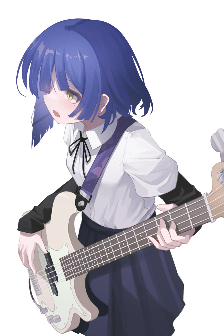 1girl absurdres bangs black_necktie black_shirt blue_hair blue_skirt blunt_bangs bocchi_the_rock! collared_shirt earrings electric_guitar guitar hair_between_eyes highres holding holding_instrument instrument jewelry long_sleeves looking_ahead mole mole_under_eye music necktie open_mouth playing_instrument pleated_skirt shirt shirt_under_shirt short_hair short_sleeves simple_background skirt solo standing upper_body white_background white_shirt yako_mashiro yamada_ryou yellow_eyes