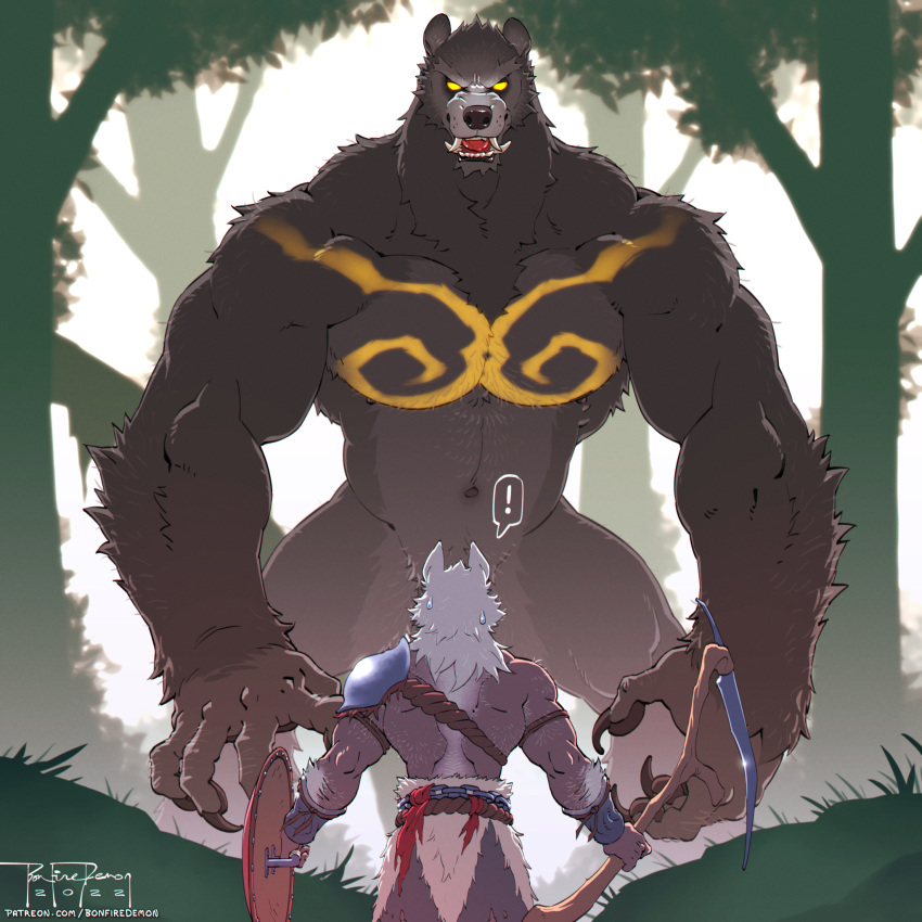 1:1 2022 anthro armor biped bodily_fluids bonfiredemon bracers brown_body brown_fur canid canine canis claws convenient_censorship digital_media_(artwork) duo elden_ring exclamation_point fangs finger_claws forest forest_background fromsoftware fur hi_res larger_anthro larger_male male mammal markings melee_weapon muscular muscular_anthro muscular_male nature nature_background navel outside pauldron plant polearm runebear_(elden_ring) scythe shield size_difference smaller_anthro smaller_male sweat tarnished_(elden_ring) tree ursid video_games weapon wolf yellow_body yellow_eyes yellow_fur yellow_markings