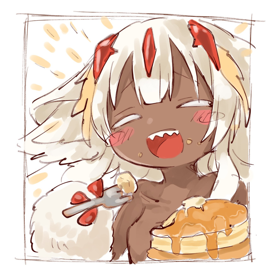 1girl blush closed_eyes commentary commentary_request dark-skinned_female dark_skin fangs faputa food fork happy highres holding holding_fork made_in_abyss monster_girl mumu_yu_mu open_mouth pancake pancake_stack plate short_hair simple_background sketch smile solo teeth very_dark_skin white_background white_fur white_hair