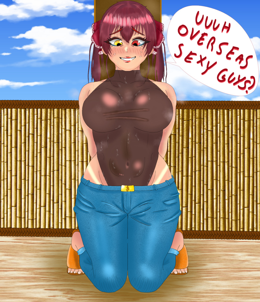 1girl breasts crying crying_with_eyes_open denim eddarxart heterochromia highres hololive houshou_marine jeans kneeling large_breasts leotard looking_at_viewer one-hour_drawing_challenge pants red_eyes red_hair sweat sweating_profusely tears tied_to_stake twintails virtual_youtuber yellow_eyes