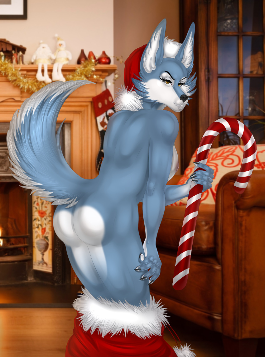 2022 5_fingers absurd_res anthro black_body black_fur breasts butt candy candy_cane canid canine canis christmas christmas_clothing christmas_decorations christmas_headwear claws clothing dessert female fingers food fur grey_body grey_fur hair headgear headwear hi_res holidays illumination_entertainment long_ears looking_at_viewer looking_back mammal natttttalina nipples nude pink_hair pink_nipples porsha_crystal raised_tail shaded sing_(movie) smile smiling_at_viewer solo tuft white_body white_fur wolf yellow_eyes