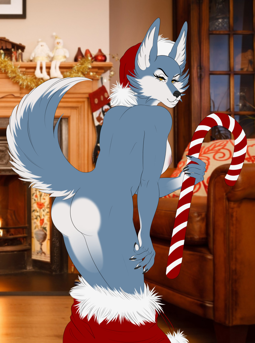 2022 5_fingers absurd_res anthro black_body black_fur breasts butt candy candy_cane canid canine canis christmas christmas_clothing christmas_decorations christmas_headwear claws clothing dessert female fingers flat_colors food fur grey_body grey_fur hair headgear headwear hi_res holidays illumination_entertainment long_ears looking_at_viewer looking_back mammal natttttalina nipples nude pink_hair pink_nipples porsha_crystal raised_tail sing_(movie) smile smiling_at_viewer solo tuft white_body white_fur wolf yellow_eyes