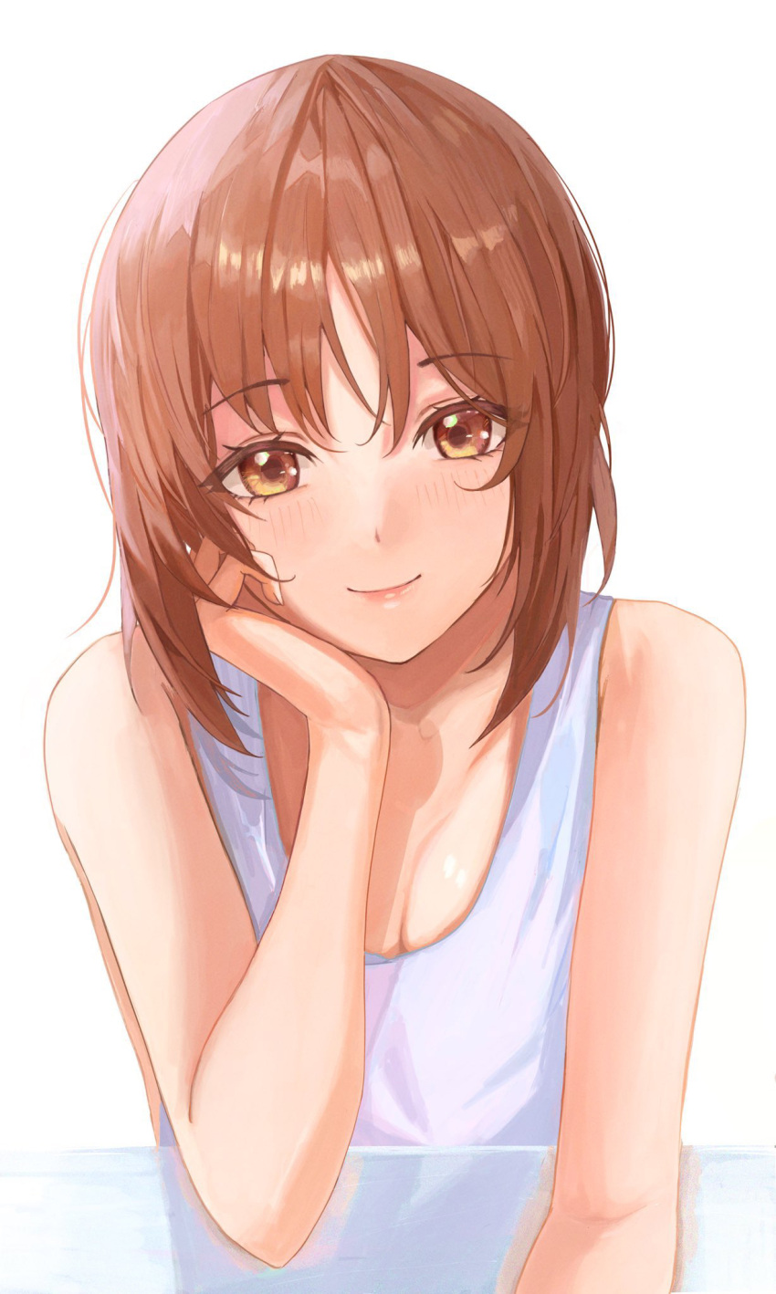 1girl arm_support breasts brown_eyes brown_hair cleavage girls_und_panzer head_rest highres lips looking_at_viewer mamaa_(maeni6379) nishizumi_miho short_hair smile solo upper_body