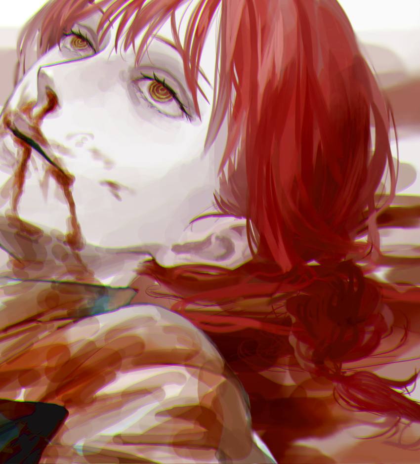 1girl bangs blood blood_in_hair blood_on_clothes blood_on_face braid braided_ponytail chainsaw_man highres juzoh13 looking_up lying makima_(chainsaw_man) medium_hair nosebleed on_back open_mouth puddle_of_blood red_hair ringed_eyes shirt solo white_shirt yellow_eyes